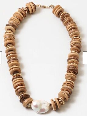 Neutral Brown Beaded Necklace with raw coconut wood and Baroque Pearl Accent